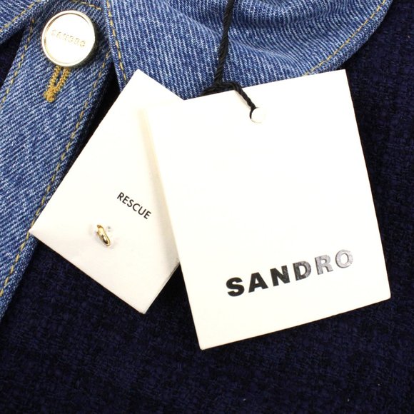 NWT Sandro Brooke Tweed and Denim Mini Dress in Blue with Gold Buttons Size 36 - Picture 9 of 15